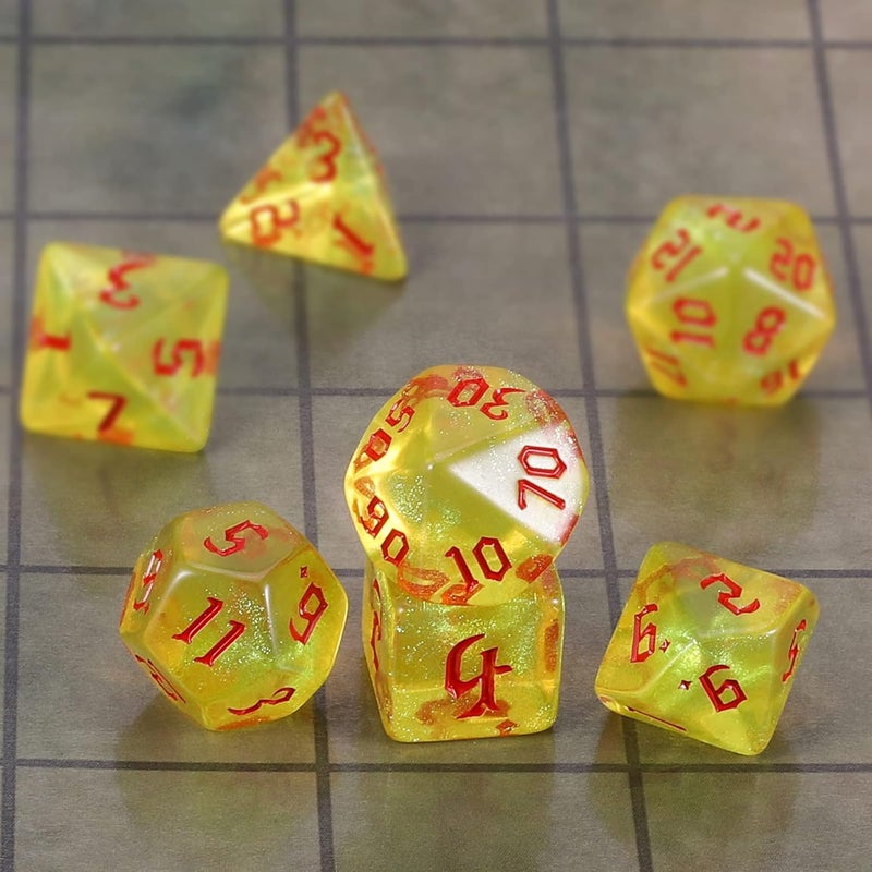 CiaraQ DND Polyhedral Dice Set with Dice Bag for Dungeons and Dragons RPG MTG Role Playing Table Games (Yellow + Glitter + Red Font) - Image 4